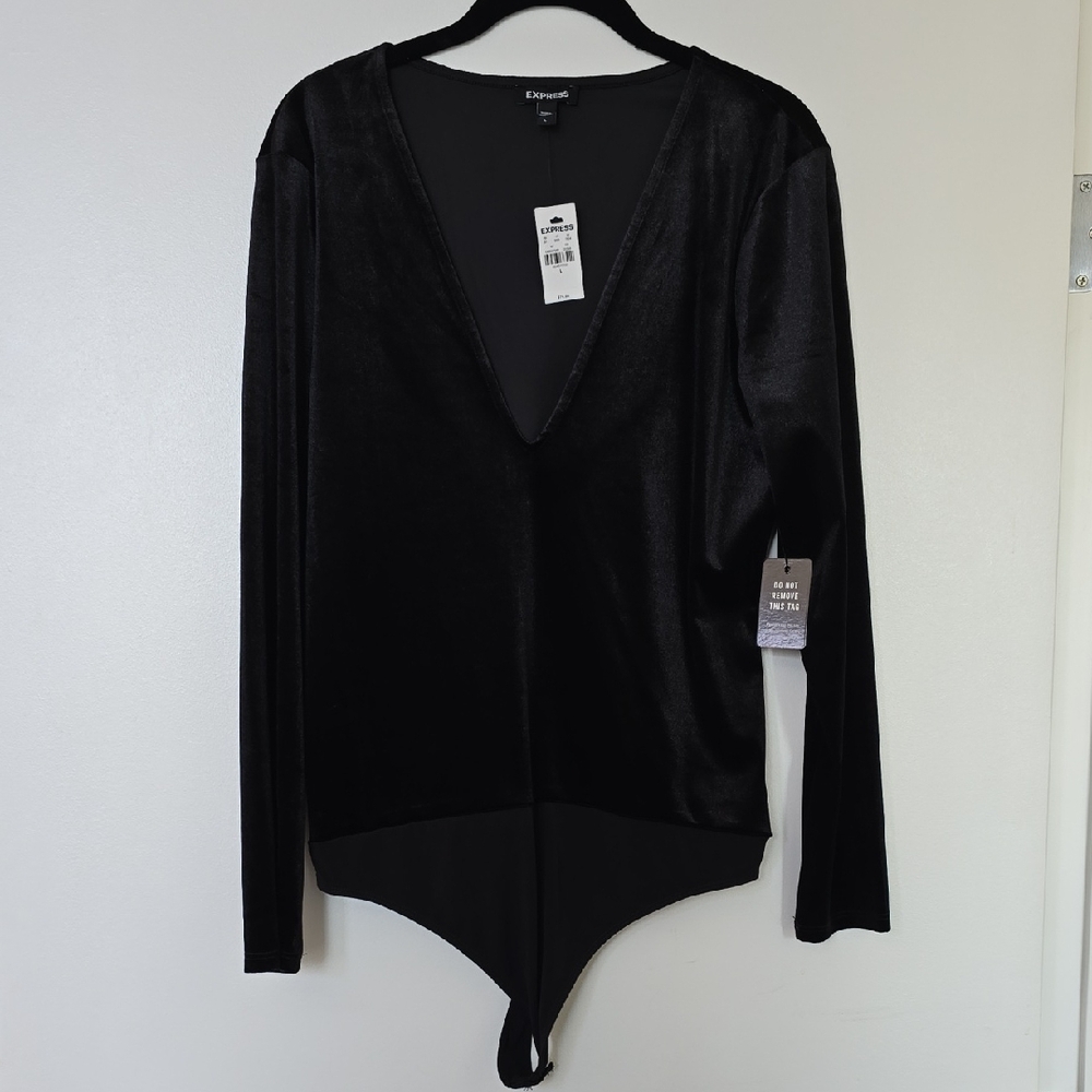 Express Black Velvet V-Neck Bodysuit NWT